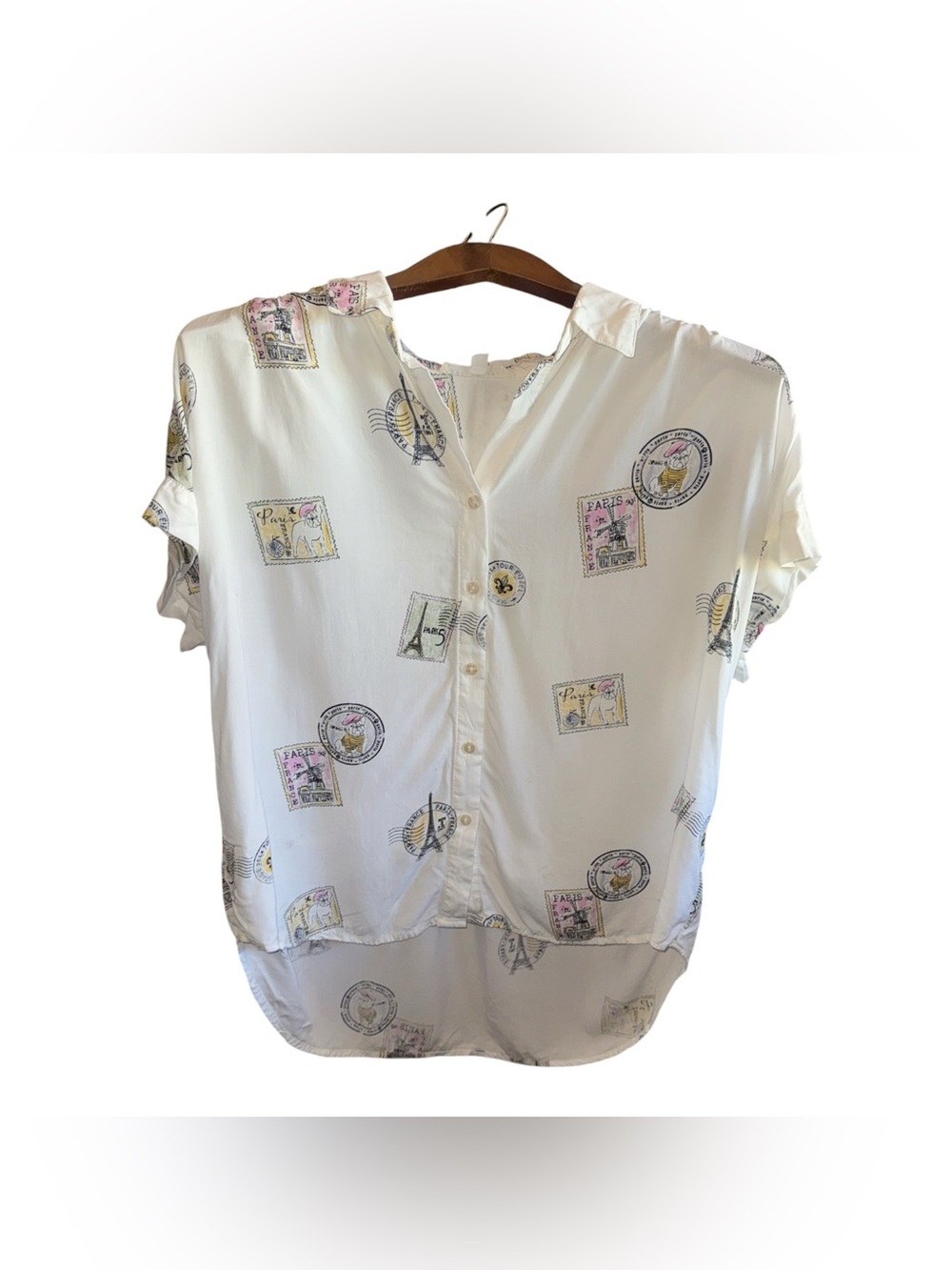 Women's white Button-Front Short Sleeve Blouse with Frenchie & Paris Stamp Print